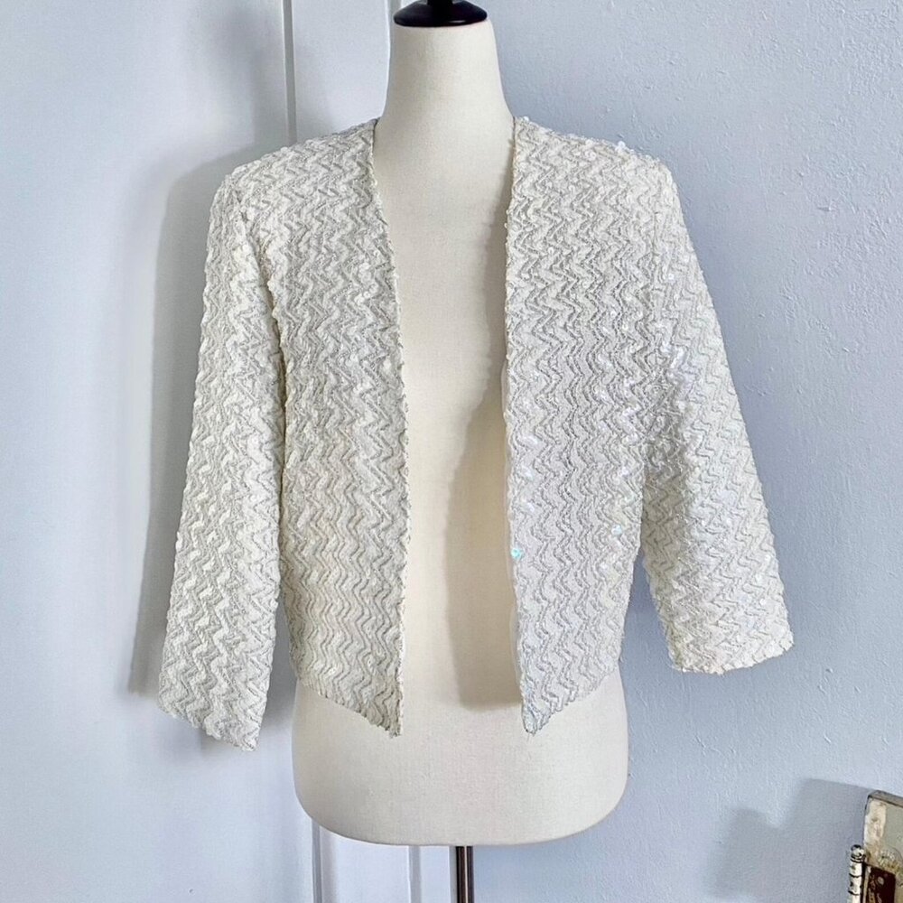 White Sequin Crop Jacket size 8 medium Caron of Chicago